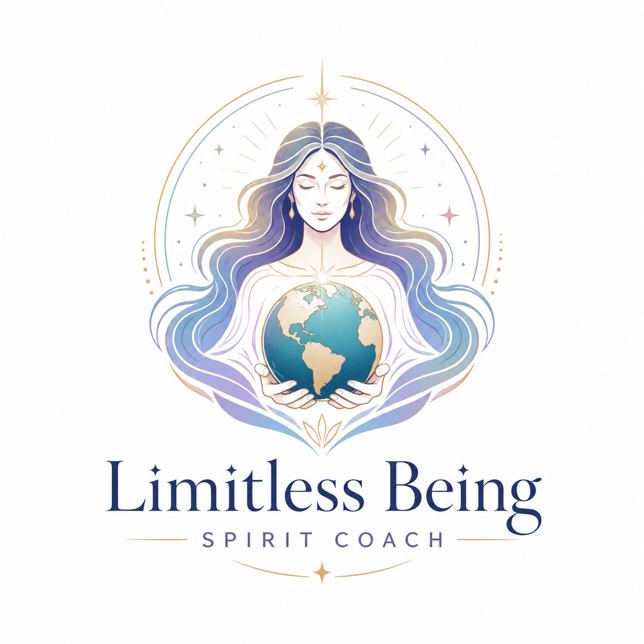 Limitless Being Spirit Coach logo featuring a divine feminine figure holding the world